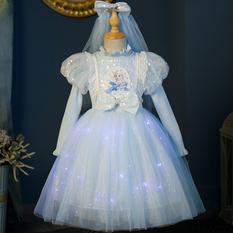 发光爱莎公主裙女童毛衣冬装艾沙儿童服装童装生日礼服蓝色连衣裙