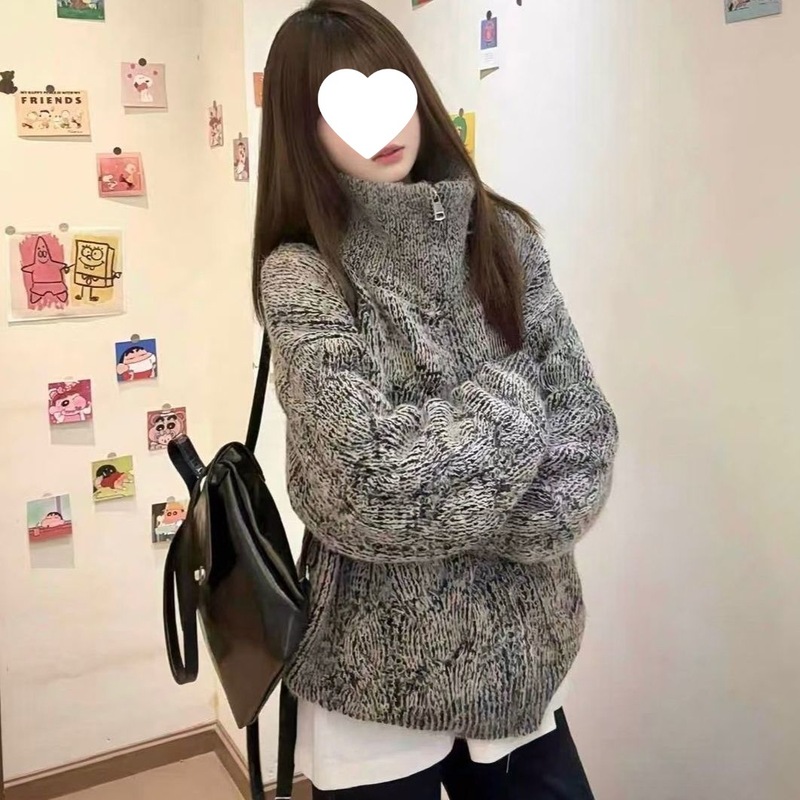 费尔岛高领拉链2025毛衣外套女秋冬新款慵懒风宽松气质时尚针织衫|undefined