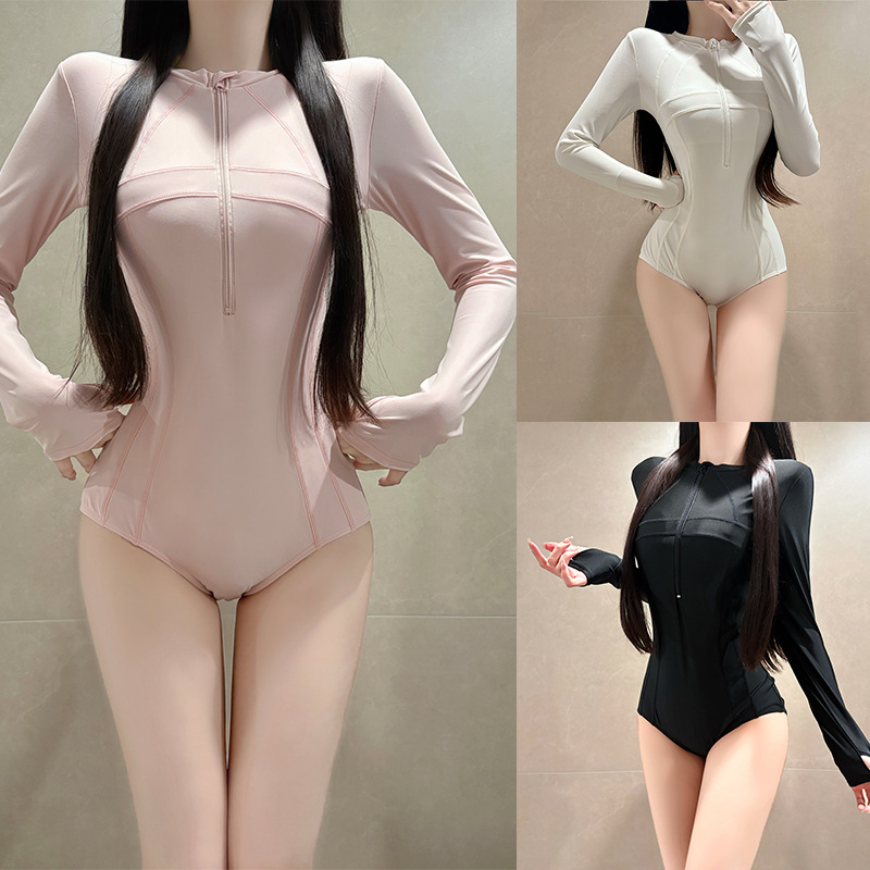 Women's One Piece Long Sleeve Swimsuit Solid Color Korean Style Slim Fit Professional Sports Swimwear For Hot Springs And Vacations Polyester_voghion.com