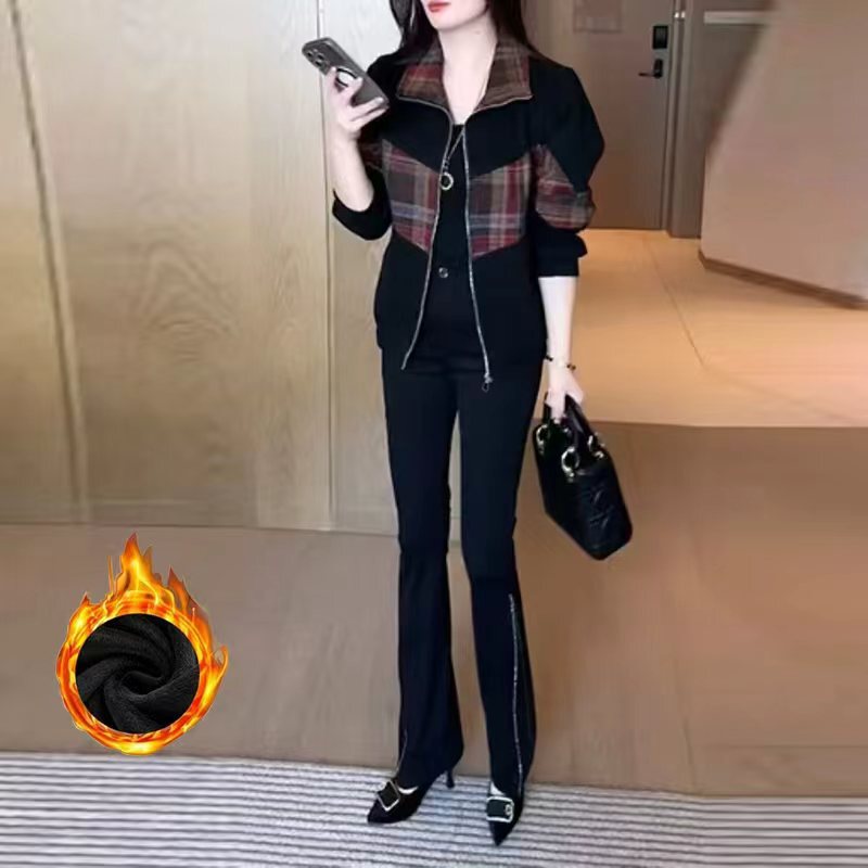 秋冬新款水洗牛仔外套女洋气格子休闲百搭夹克加绒保暖短外套上衣|undefined