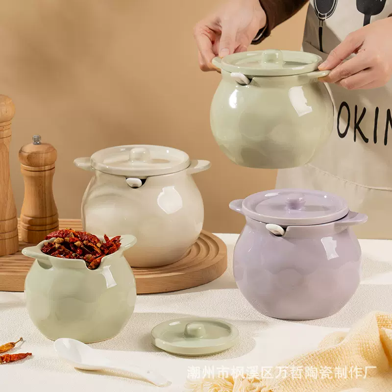 奶油风陶瓷双耳猪油罐带盖家用耐高温辣椒罐油泼辣子罐盐罐调味罐