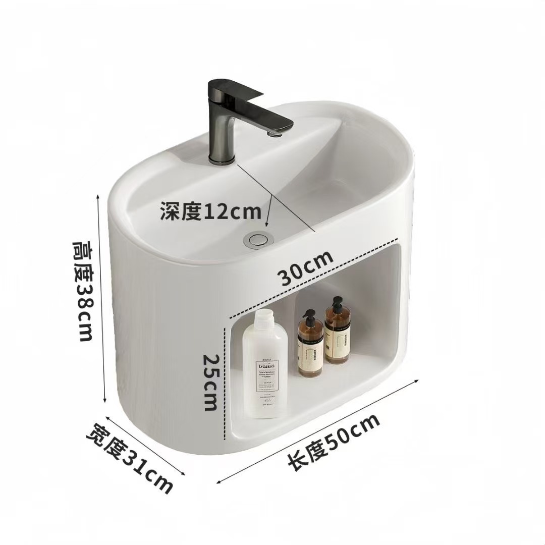 Lavabo de pared para apartamento pequeño, lavabo de cerámica integrado, balcón de baño con compartimiento de almacenamiento, lavabo