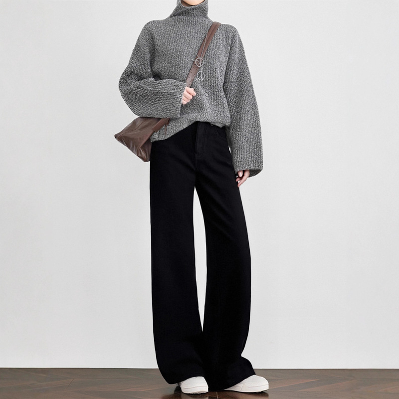 Thick Fleece Warm Classic Black Jeans Versatile Basic Style Straight-Leg Pants Wide-Leg Pants New Winter Model 6201