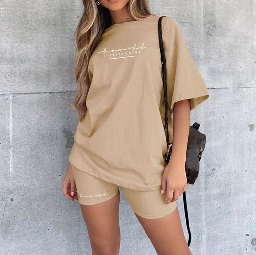 2024 New European and American Style Letter-Print Fashionable Loose Slimming T-Shirt Casual Sports Two-Piece Set for Women