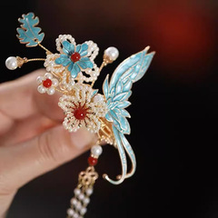 汉服头饰步摇流苏古典烧蓝新中式马面裙结婚发饰侧边夹旗袍发饰女