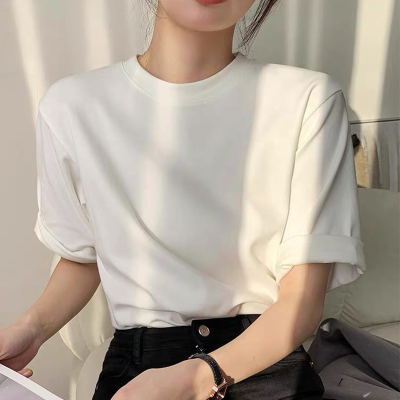 230g Heavy Texture Cotton Short-sleeved T-shirt Women's Top Solid Color White Joker Women's Inner Base Shirt for Hair