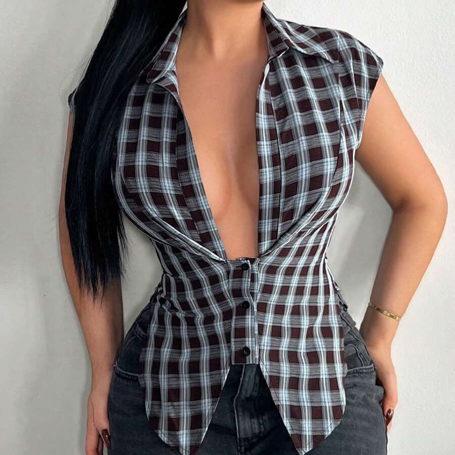 European and American Cross-Border Amazon 2026 Plaid Short-Sleeved Shirt Summer Sexy Waist-Revealing Slim-Fit Retro Top for Women