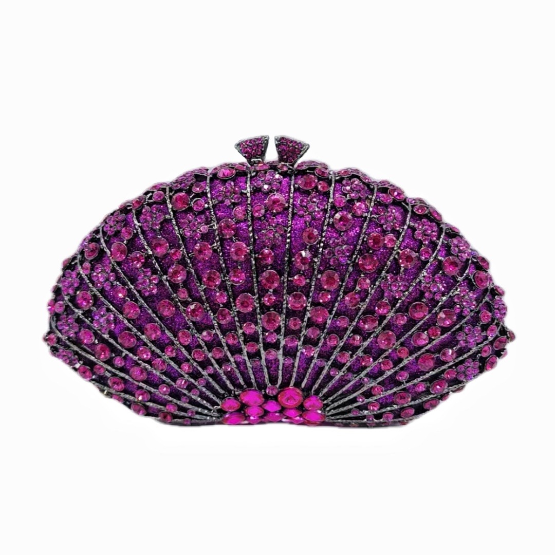 Bolsa de cena con diamantes en forma de ventilador transfronteriza bolsas de diamantes metálicas huecas bolsas de fiesta celebridades europeas y americanas reuniones anuales bolsas de mano de mujeres púrpura oscuro
