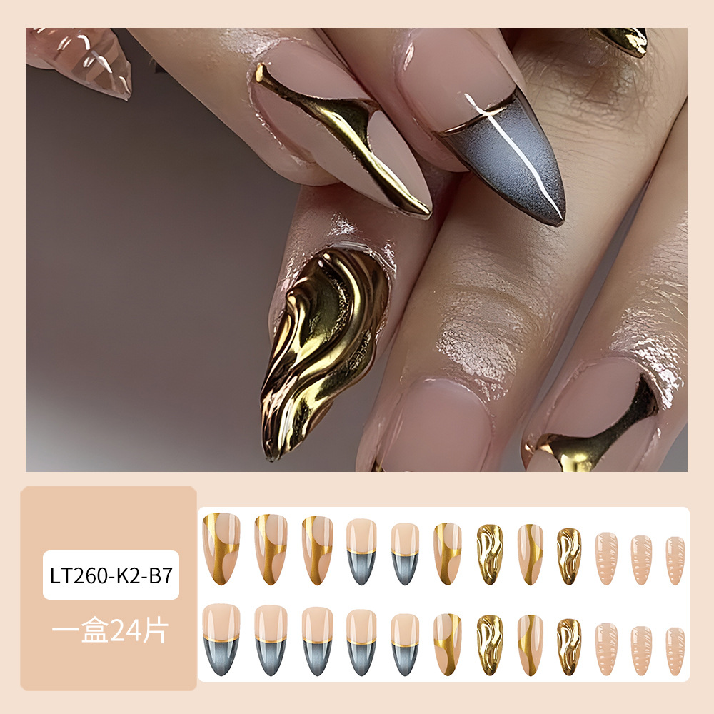 Color desnudo gradiente de oro y plata líneas francesas de uñas transfronterizas parches de uñas de almendras minimalistas 24 piezas de uñas
