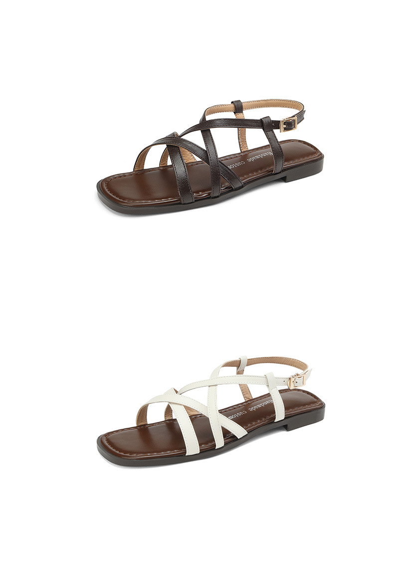 Dép sandal nữ xỏ ngón đế bệt da bò dệt hở mũi phong cách La Mã — Màu nâu chi tiết 14