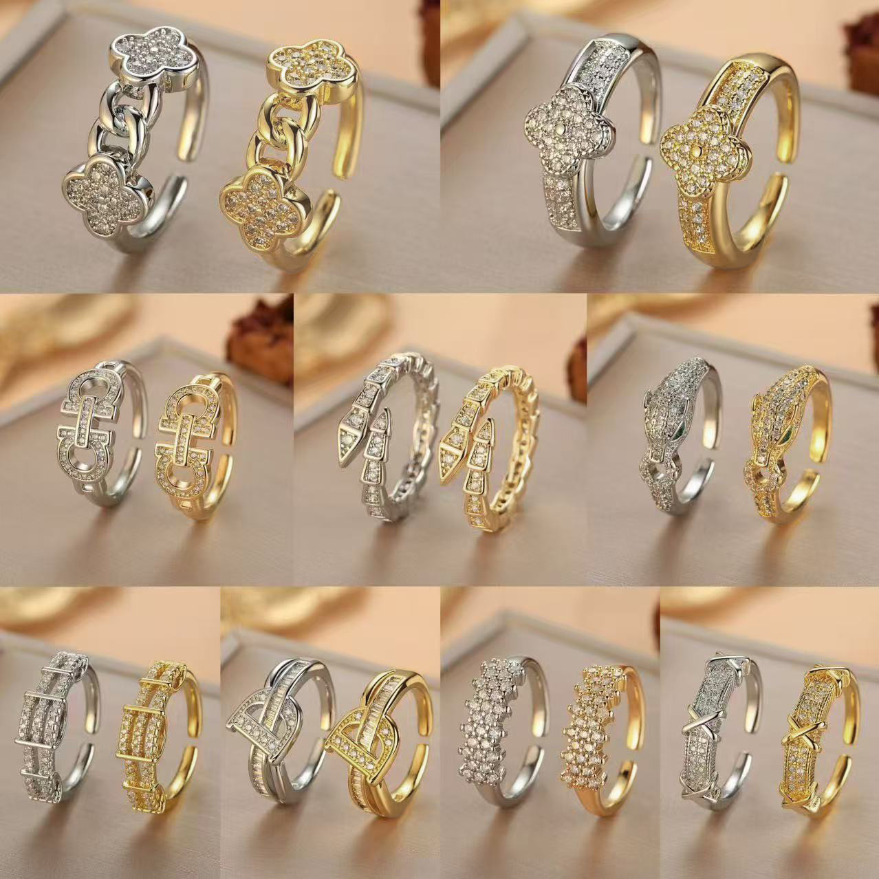 Cross-Border Best-Selling Full Diamond Ring, Adjustable Open-Ended Women's Ring, Electroplated 18K Gold, High Aesthetic Geometric Diamond-Encrusted Ring