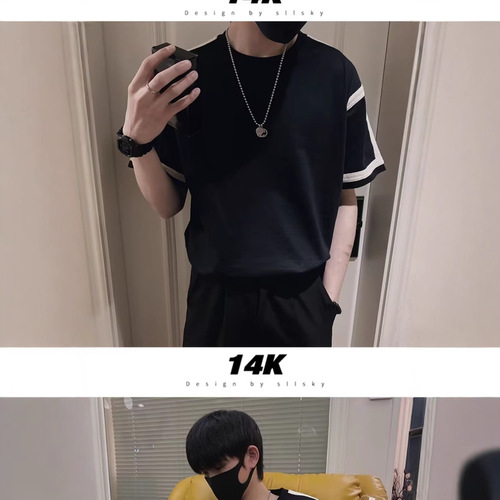 Plus-size men's trendy brand half-sleeve T-shirt for larger builds, featuring a loose fit, extended sizing, and eye-catching contrast-colored woven straps.