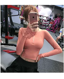 工厂直发岚纹健身长袖弹力瑜伽服女修身跑步显瘦半拉动衣卫衣秋冬