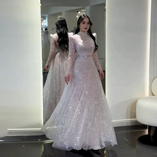 2026年新款欧美亚马逊跨境外贸女装高级轻奢重工收腰亮片礼服长裙