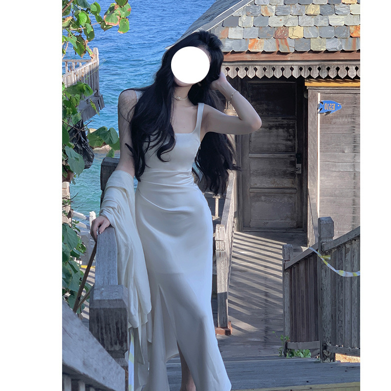 White Suspender Dress for Ladies, Slim Satin French Gentle Style Niche Long Skirt, Banquet Dress for Women