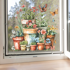 外貿浪漫春天花朵蝴蝶盆栽玻璃櫥窗家居裝飾牆貼貼紙自粘批發跨境