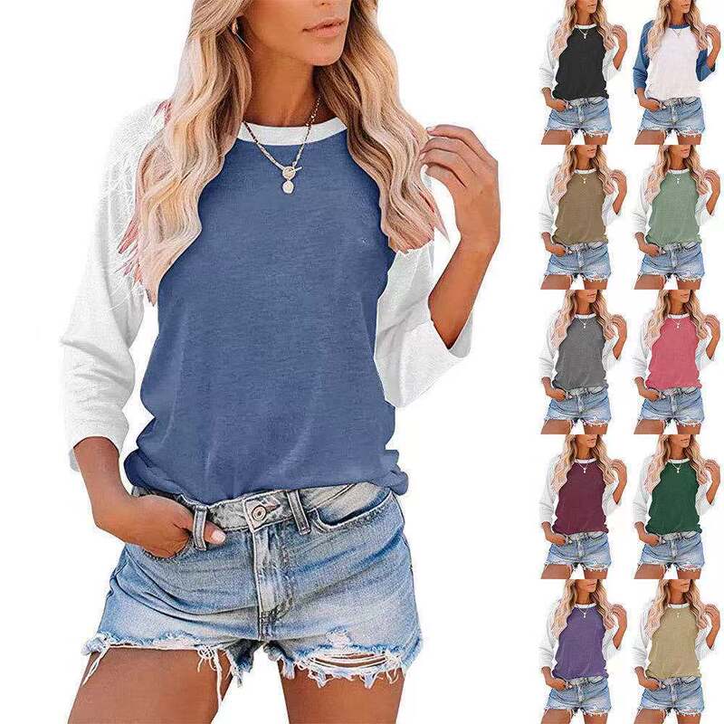 Overseas Europe and the United States Cross-border Amazon Explosive Trade Women's Top Europe and the United States New Confronted Color Round Neck Slaffed Shoulder Seven-point Sleeve T-shirt Overseas Europe and the United States Cross-border Amazon Explosive Trade Women's Top Europe and the United States New Confronted Color Round Neck Slaffed Shoulder Seven-point Sleeve T-shirt