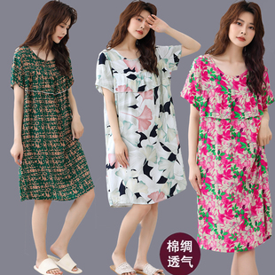 Mom's Summer Artificial Cotton Nightgown, Cool Summer Dress for Middle-Aged and Elderly Women, Short-Sleeved Cotton Silk Home Air-Conditioned Dress