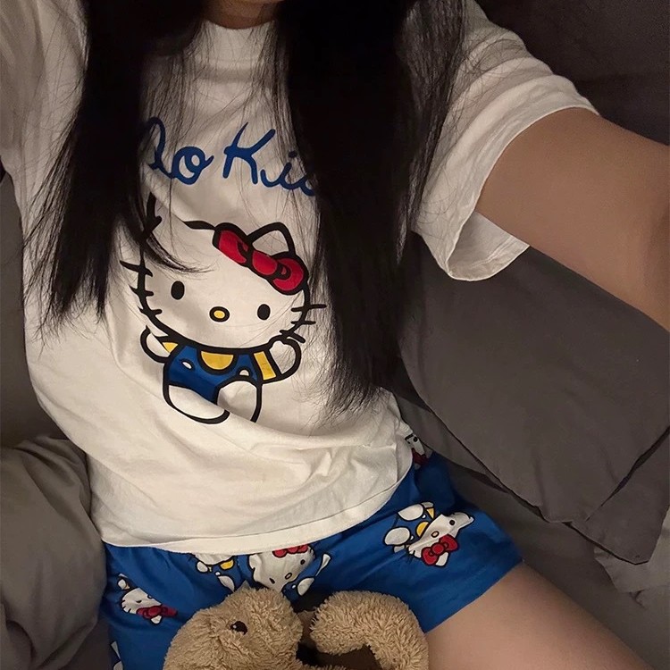 Korean Style Outwear HelloKitty Printed Short Sleeve Pajamas Women's Summer New Arrival plus size Shorts Home Clothes suit