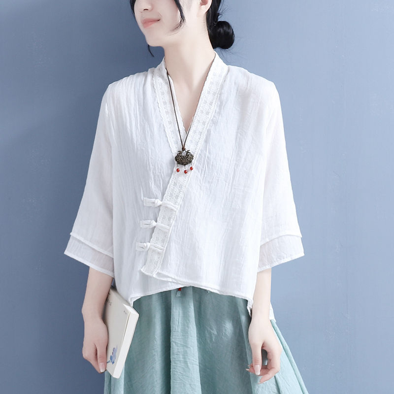 Chinese Style Top Lace Lace Buckle Lace-up Cropped Sleeve Shirt Women's Cotton Linen Summer Vintage Top Women's Wholesale Chinese Style Top Lace Lace Buckle Lace-up Cropped Sleeve Shirt Women's Cotton Linen Summer Vintage Top Women's Wholesale