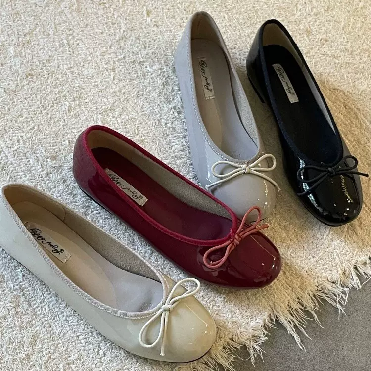 配裙子仙女风红色软皮软底奶奶鞋一脚蹬浅口芭蕾舞鞋温柔晚晚单鞋