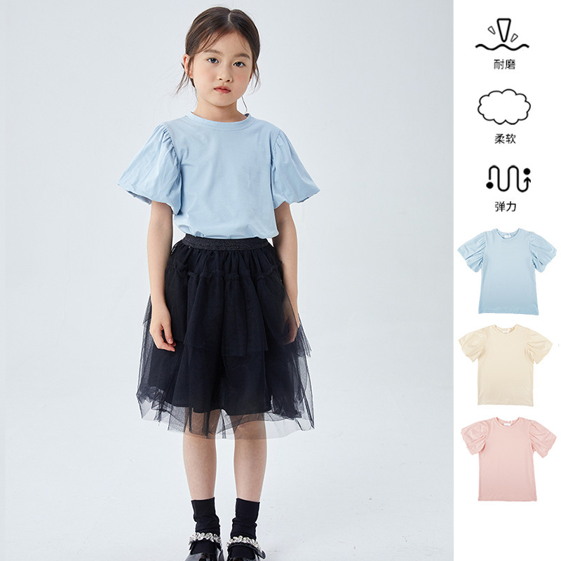 Girls' Puff Sleeve Top Pure Cotton Cute Sports T-Shirt Thin Lantern Sleeve Summer Clothes Top Half Sleeve Children's Wear T-Shirt