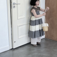 2024 Summer New Children's Clothing Girl's Checkered Patchwork Dress Children Baby Korean Version Camisole Straps Dress