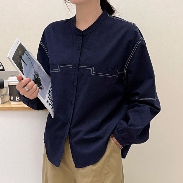 长袖衬衫 2025秋季新款 文艺宽松立领上衣女简约显瘦打底衬衣8163|undefined