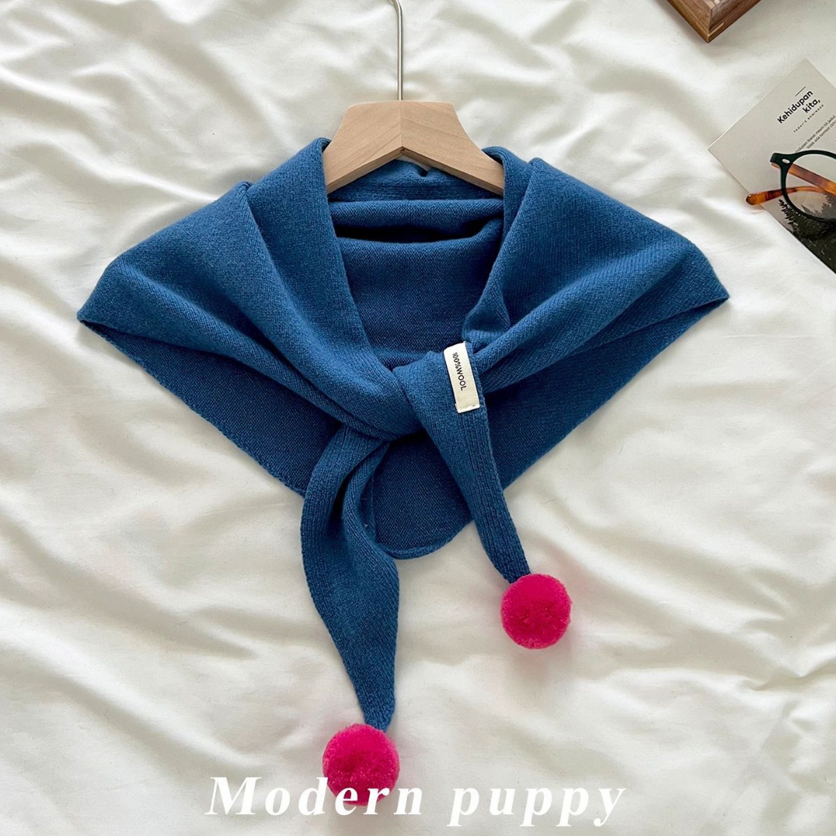Korean order~2026 new design 100% wool color-block triangle scarf for women, autumn/winter, relaxed style with yarn balls