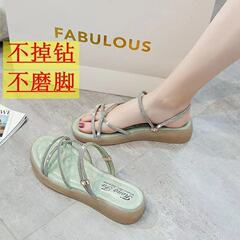 Sandals women's flat bottom diamond two-wear beef tendon bottom soft bottom 2023 summer new fashion outer wear student Korean version sandals and slippers