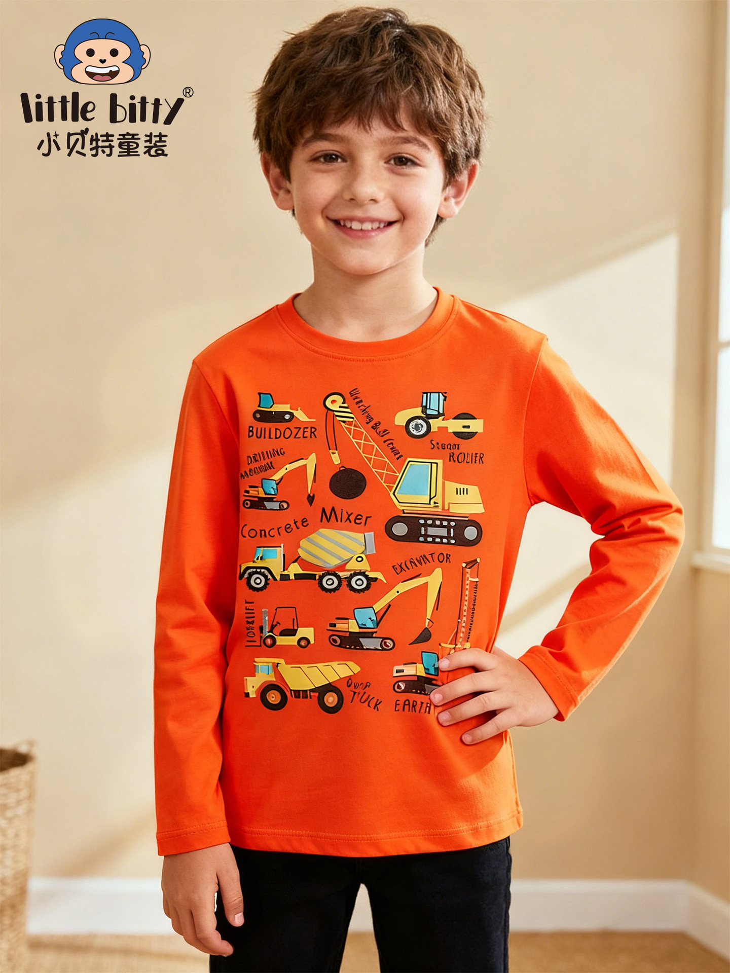 European and American Cross-Border 25-Year-Old Autumn and Winter Kidsren's Tops Fashionable Car Round Neck Boys' Long-Sleeved T-Shirt Clothing