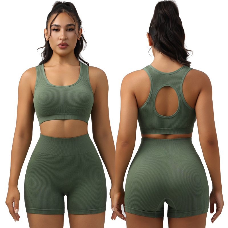 Bra apretado con cojín de pecho de rosca, yoga de cintura alta, melocotón de acondicionamiento físico, ropa deportiva de secado rápido, pantalones cortos.