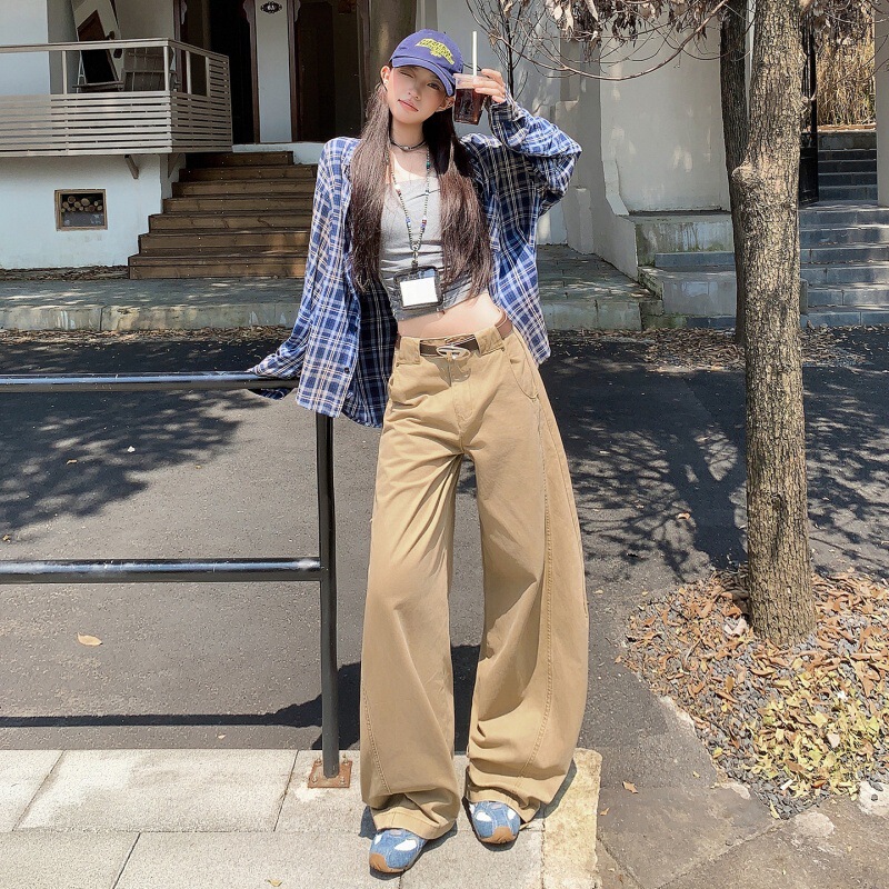 美式复古拼接褶皱设计阔腿休闲裤女早秋新款高腰宽松舒适弯刀裤子|undefined