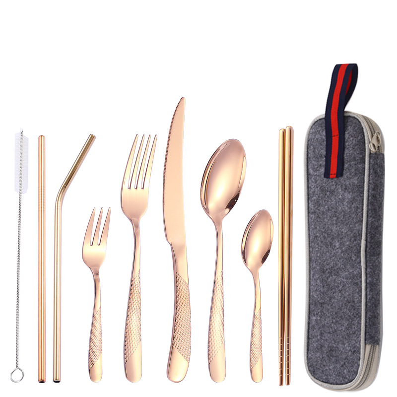 Diamante estrella cuatro piezas principales transfronterizo cuchillo, tenedor y cuchara de paja 9 piezas traje de paja de acero inoxidable directo de fábrica