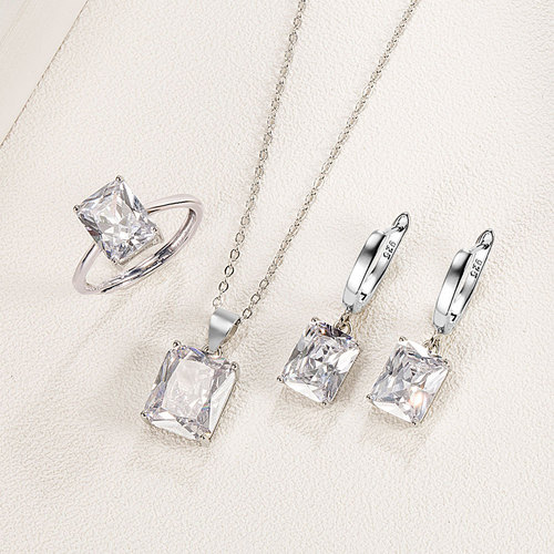 European and American cross-border romantic fashion rectangular ring female personalized square earrings earrings pendant necklace three-piece set