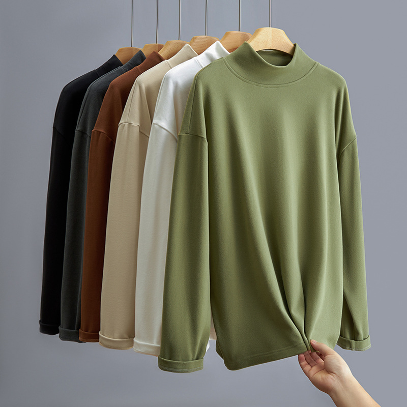 Velvet Warm Inner Base Shirt Men's Autumn and Winter Simple Solid Color Loose Casual Long-sleeved T-shirt Men's Sweater