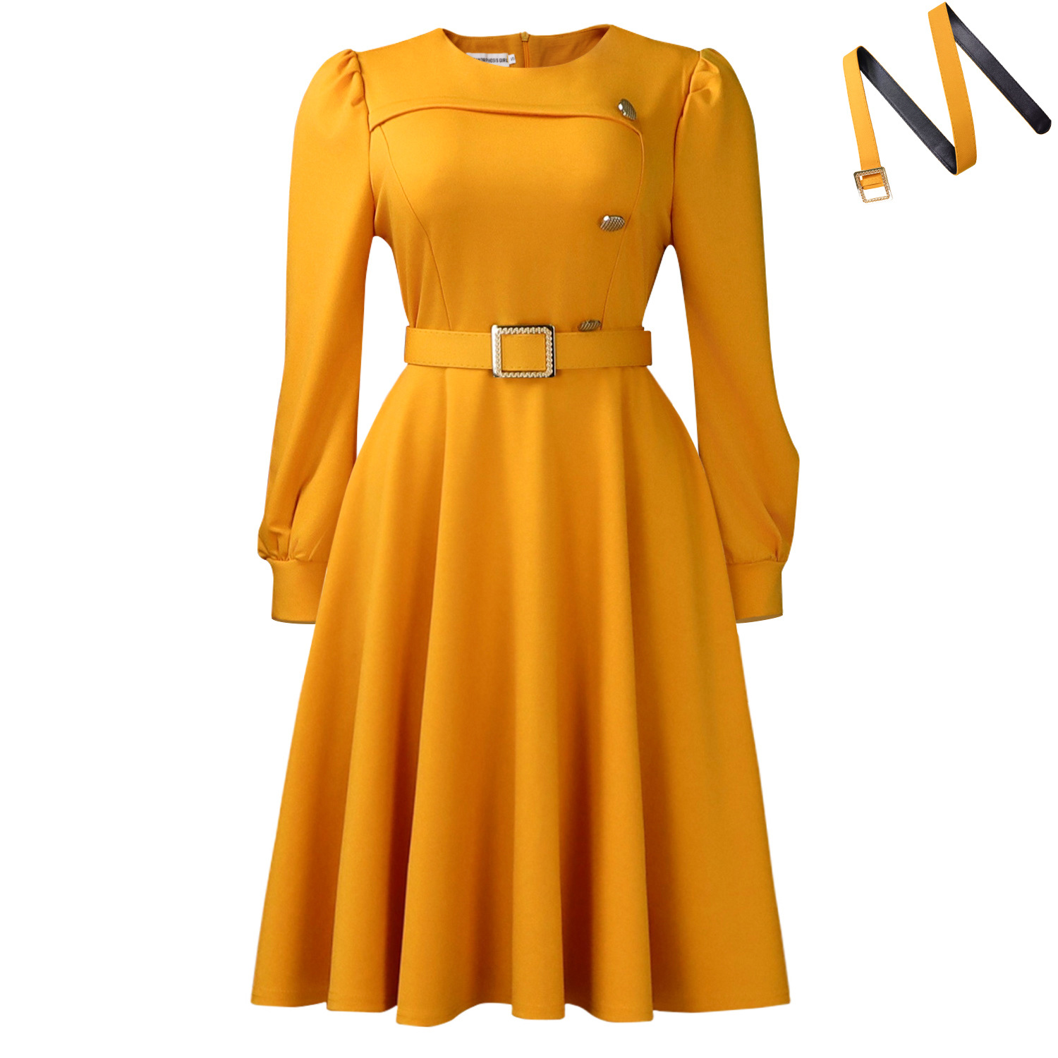 Women's Elegant Long-Sleeve Solid Color High Waist Party A-Line Dress