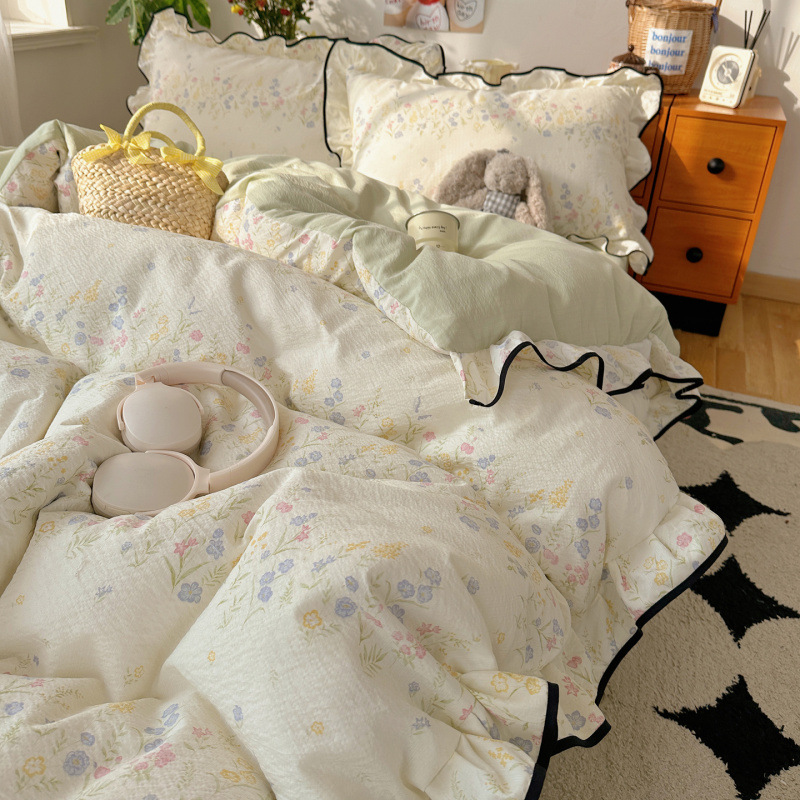 Ice Silk Cooling Duvet Cover Set Ruffled Edge Gauze Bedding 4 Piece_voghion.com