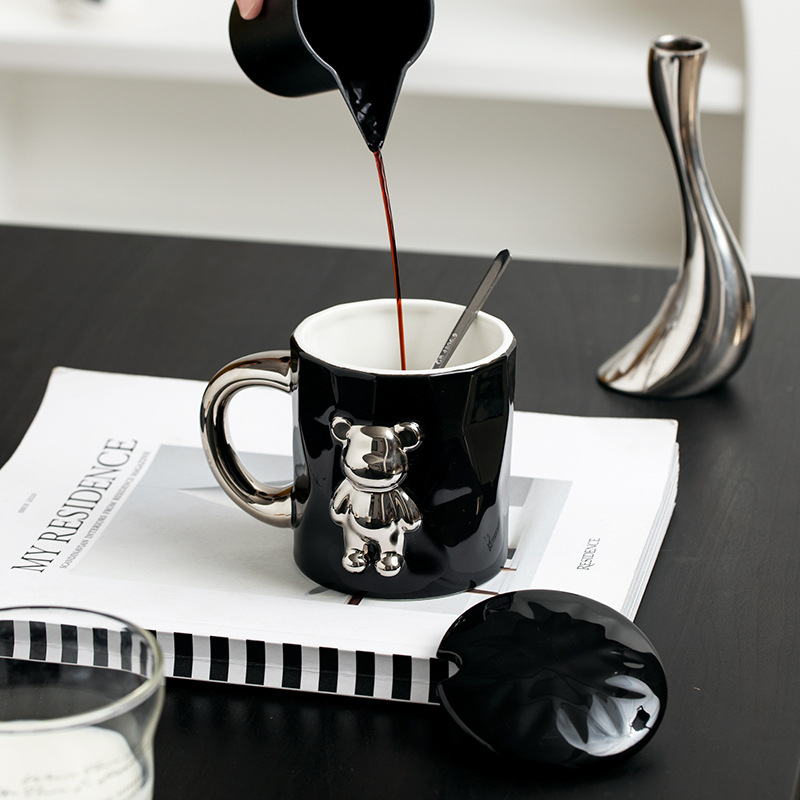 Oso tridimensional ins estilo Taza de cerámica con tapa cuchara personalidad tendencia Internet celebridad chica Oficina beber taza de té