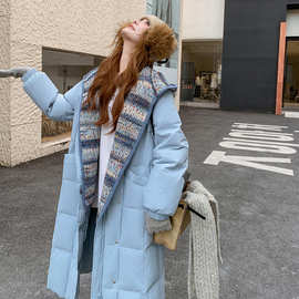 蓝色长款羽绒服女冬季韩系小个子加厚针织连帽过膝加厚白鸭绒外套