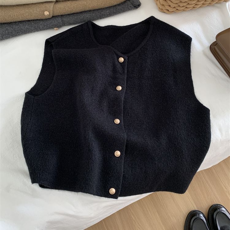 Suave línea de una sola fila de botones de oro de cuello redondo chaleco de punto Cardigan chaleco de hombro de mujer coreana sin mangas chaleco de camisa