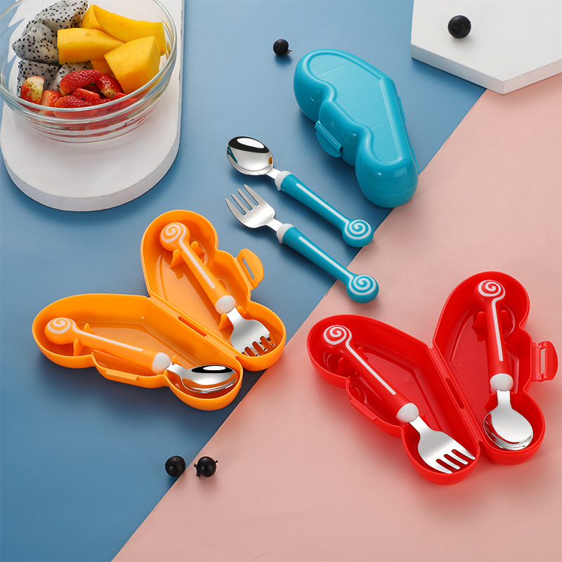 Lollipop 316 304 Stainless Steel Head Children's Fork and Spoon Toddler Food Supplement Handle Tableware Portable Butterfly-Shaped Box Nordic