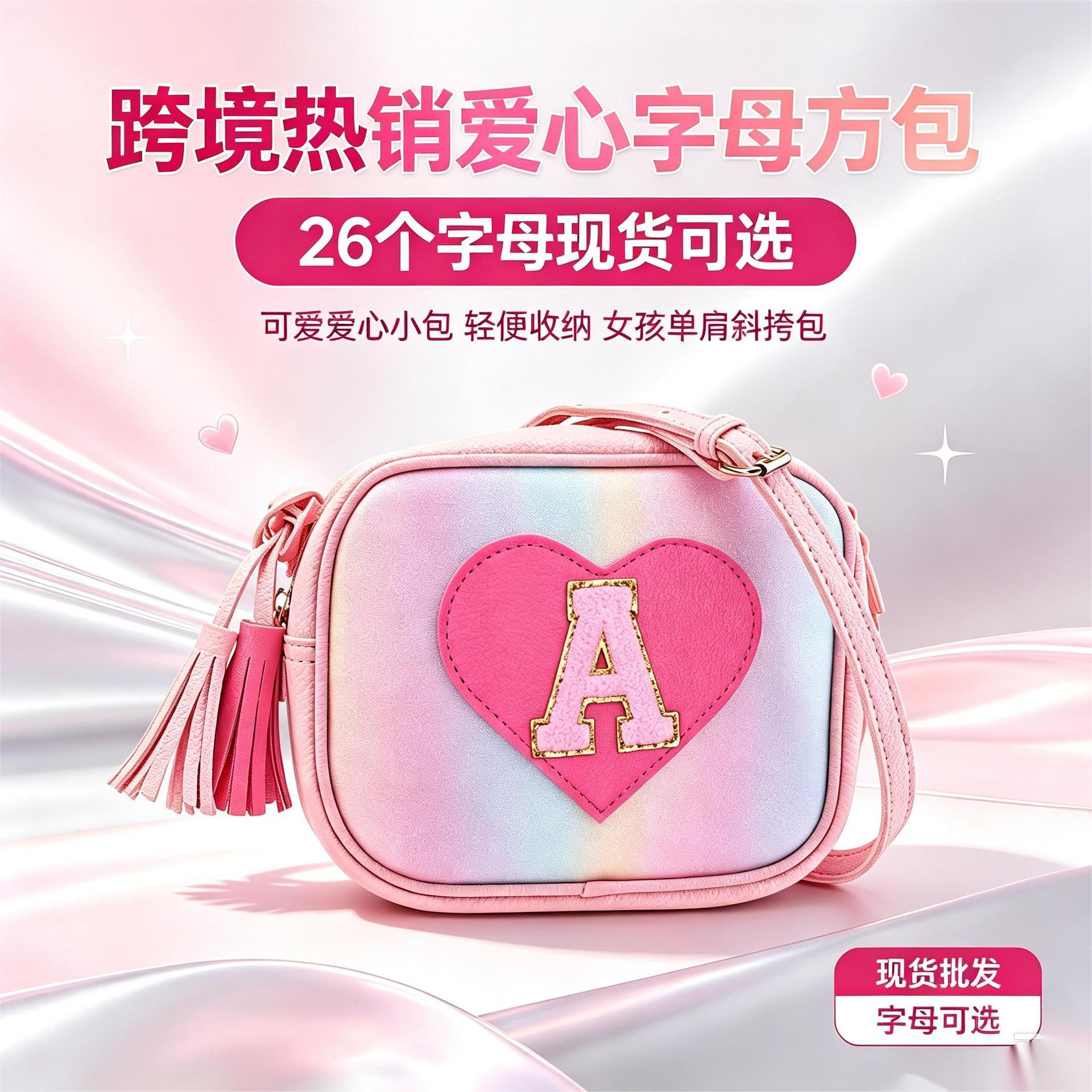 Cross-border best-selling children's letter shoulder crossbody bag, pink and colorful heart design, versatile, fashionable and portable crossbody bag