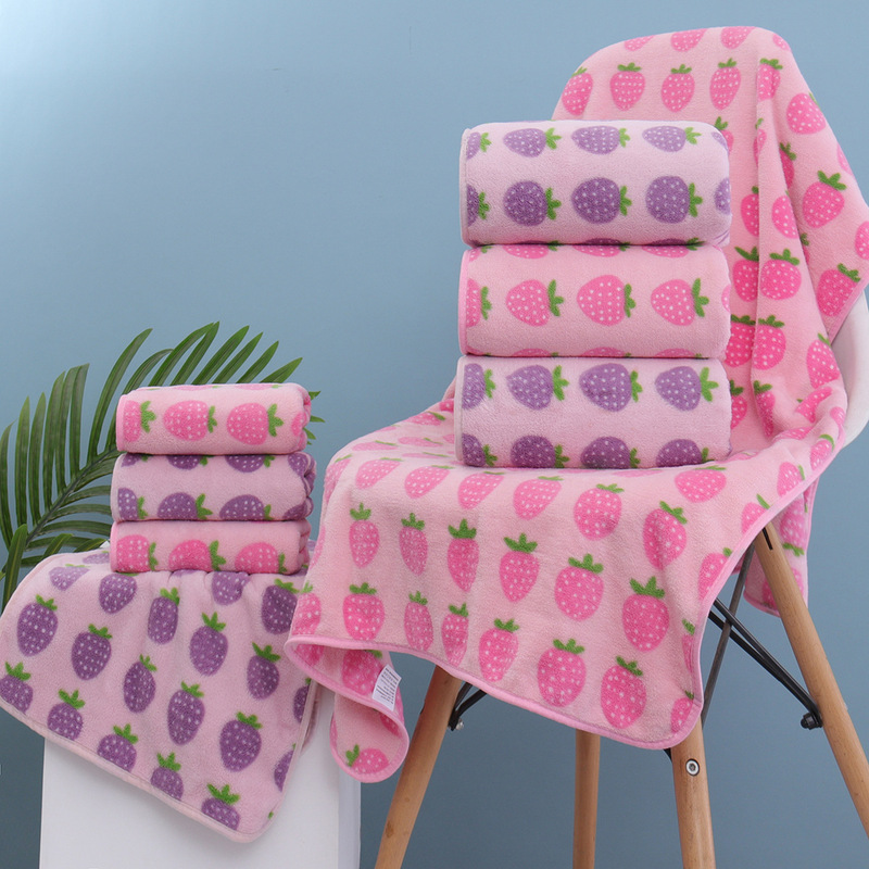 2025 New Strawberry Party Fresh Towel Class a High Density Skin Friendly Absorbent Bath Towel Dry Hair Cap Three-Piece Set