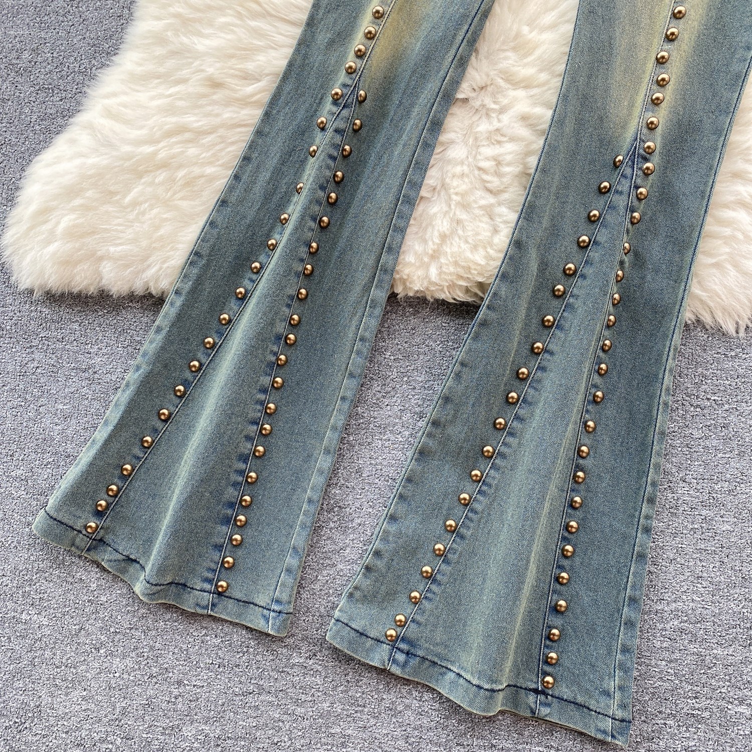 Women's Slimming Beaded Denim Suit Sexy Strapless Top High Waist Slightly Flared Length Retro American Two-Piece Outfit_ecoleips.com