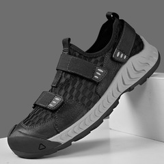 運動鞋男2024新款夏季透氣網面鞋男真皮魔術貼軟底一腳蹬包頭涼鞋