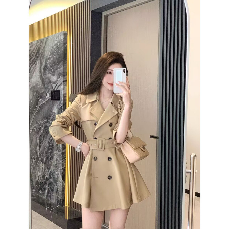 여성 가을용 카키 트렌치코트 드레스 하이엔드 긴팔 스커트 더블브레스트 허리 디자인 A라인 숏 스커트