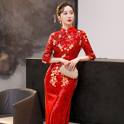Red Sequined Chinese Dresses for women Oriental Qipao Cheongsam Wedding party Engagement Bride Toasting Dress Retro host singers model Banquet dress