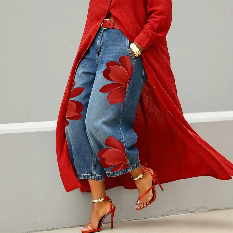 European and American Style Women's High-Waisted Printed Wide-Leg Jeans with Unique Red Floral Pattern, Loose Straight-Leg Jeans European and American Style Women's High-Waisted Printed Wide-Leg Jeans with Unique Red Floral Pattern, Loose Straight-Leg Jeans