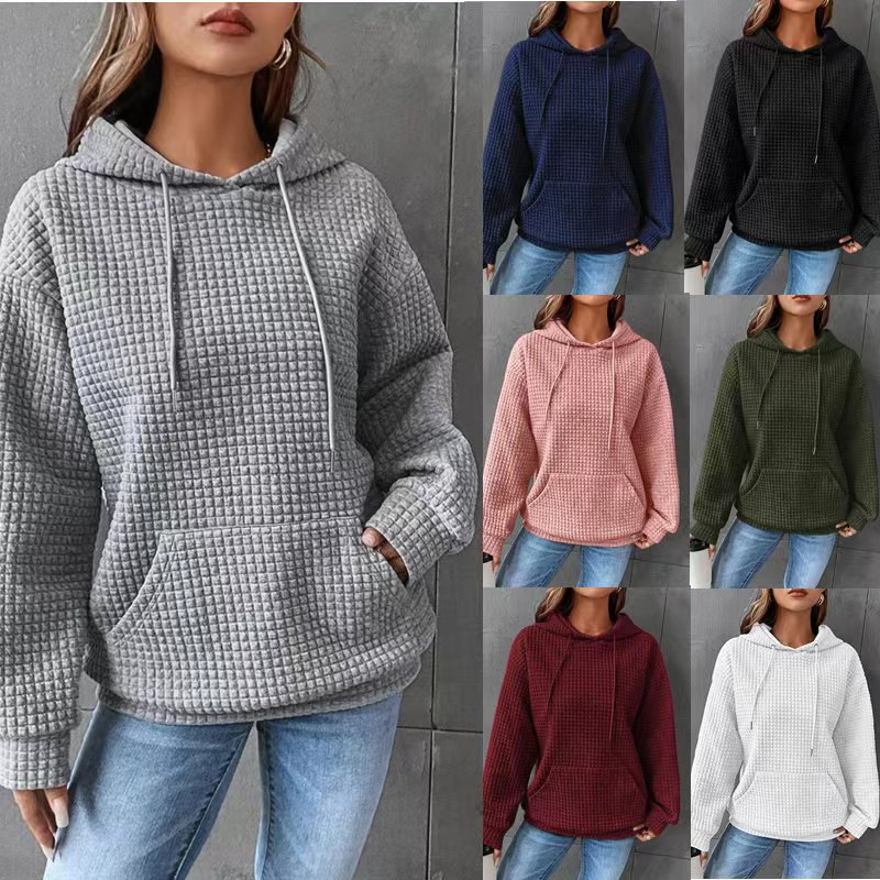 2023 Autumn and Winter Amazon European and American Clothing Waffle Round Neck Long Sleeve Sweatshirt Solid Color Top Women's Casual and Easiest for Match